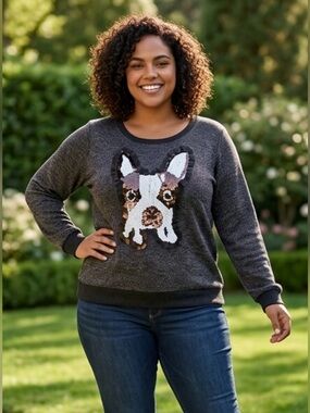 Bobeau Women’s Dark Gray Sequin Frenchie Crewneck Sweater